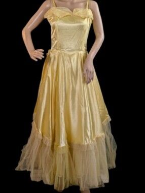 Vintage 1940s Yellow Satin Prom Dress, Very Disney Princess-y! For Kitty Rescue!